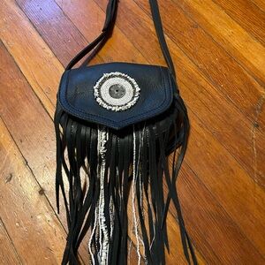 Sam Edelman Black Fringe Crossbody with White Bead Detail